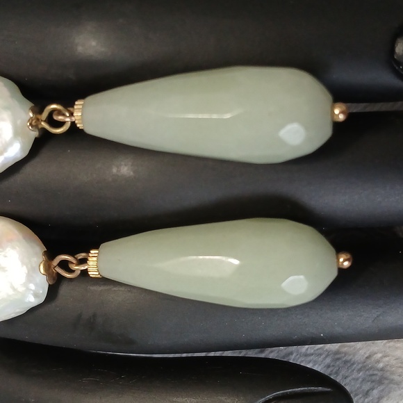 Elegant Gold, Mother of Pearl, and Jadeite Drop Earrings